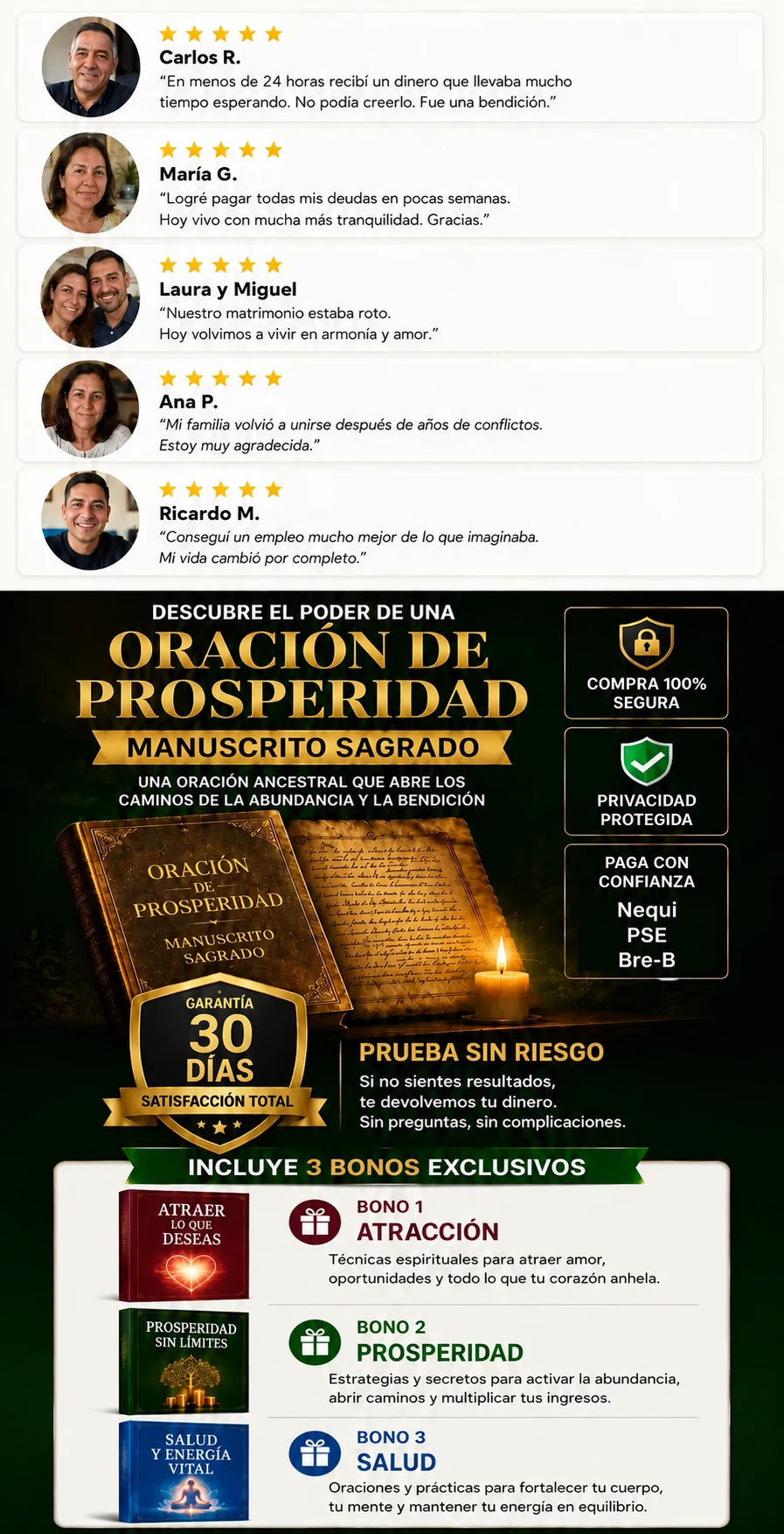 Contenido del producto, testimonios y garantía de 30 días